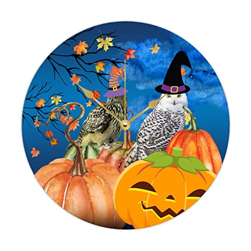 Horloge murale ronde hibou citrouille d'Halloween en bois rétro 38 cm