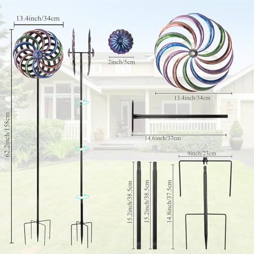 Image of DREAMYSOUL Wind Spinner Outdoor, 13 Inches Dia Rainbow Metal Kinetic Wind Spinners, Dual Wind Spinners for Yard Garden Outside Patio Lawn Decor