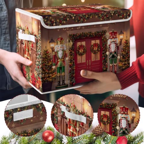 Image of Briwooody Christmas Nutcracker Storage Bin with Lid and Carrying Handle Red Christmas Storage Box Large Xmas Nutcracker Decorative Collapsible Container Basket for Organizing Closet Home Bedroom Gift