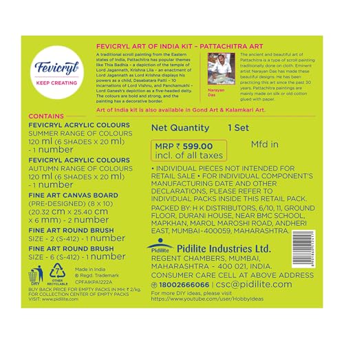 Fevicryl Art of India Pattachitra Kit, Acrylic Paints 12 Shades, 2 Round Brushes, 2 Pre-Designed Canvases, Ideal for Festive Gifting, Artists, Students (Image - 2)