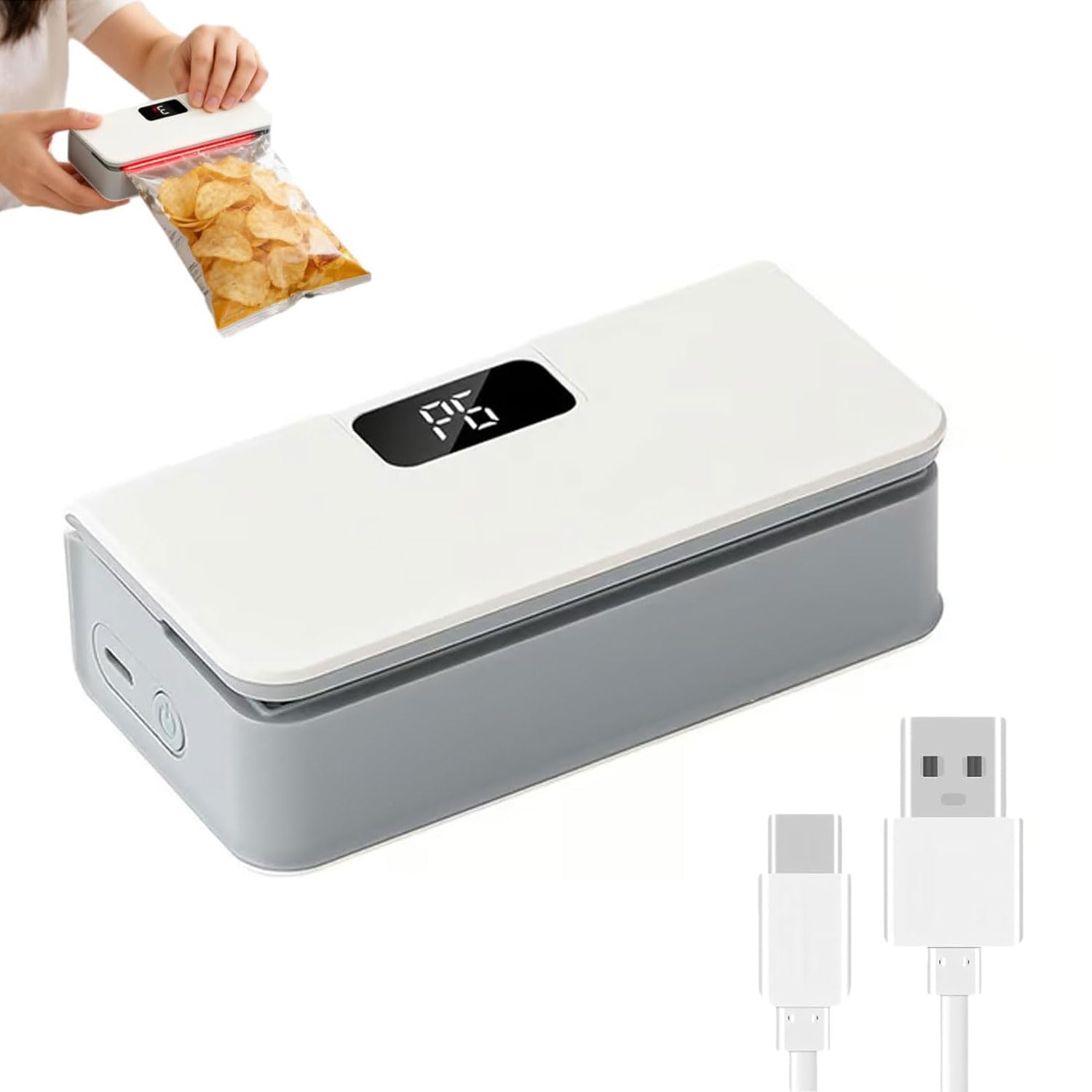 USB-C Rechargeable Mini Bag Sealer, Mini Folienschweißgerät 2 in 1, USB aufladbar Tütenverschweißer mit Cutter & Magnetfuß, 6 verstellbaren Gängen Heißsiegelgerät für Lebensmittellagerung (Weiß)