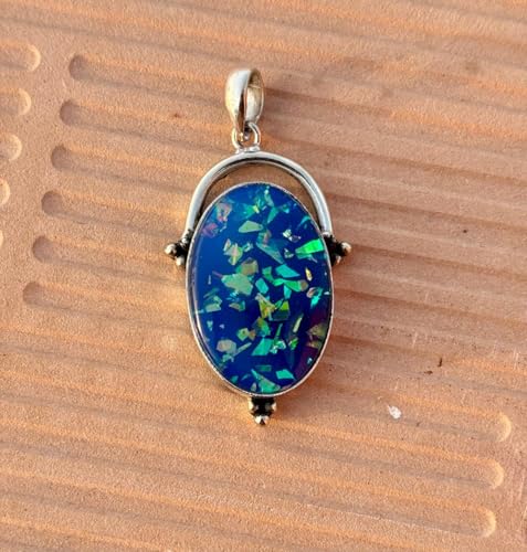 925 Sterling Silver Oval Crystal Blue Opal Pendant, Iridescent Mosaic Design, Vintage Style3