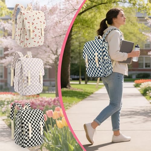 Image of Women Laptop Backpack, Corduroy 15.6 inch Travel Backpack for Work College Business, Teacher Nurse Bag with Large Capacity School Bookbag Bags for Girls - Checkered Navy Blue