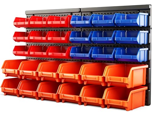 HORUSDY Wall Mounted Storage Bins Parts Rack 30PC Organizer Garage Plastic Shop Tool for Men's Gift,...