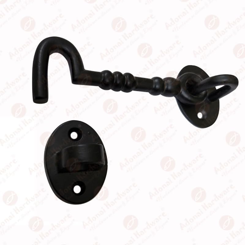 Adonai Hardware "Shemer Antique Cast Iron Cabin Hook and Eye Safety Window Latch (Matte Black, 4" x 8pack) for Barn Wooden Doors, Gates, Cabinets, Sheds, Fences, Security, DIY Easy Installation