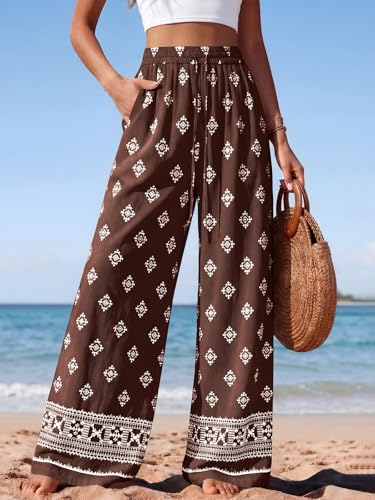 Image of PRETTYGARDEN Womens Pants Elastic Waist Floral Lightweight Palazzo Pants for Women Casual Lounge Wide Leg Pants Woman