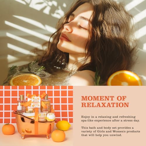 Image of Orange Scents spa gift set Great Gift Lemon Spa Gifts for girls, Body care Set Birthday Gifts, Gift Baskets for Woman, 11pcs Bath Gift Set for Women, Christmas Gifts for Women Citrus Spa Gift Basket