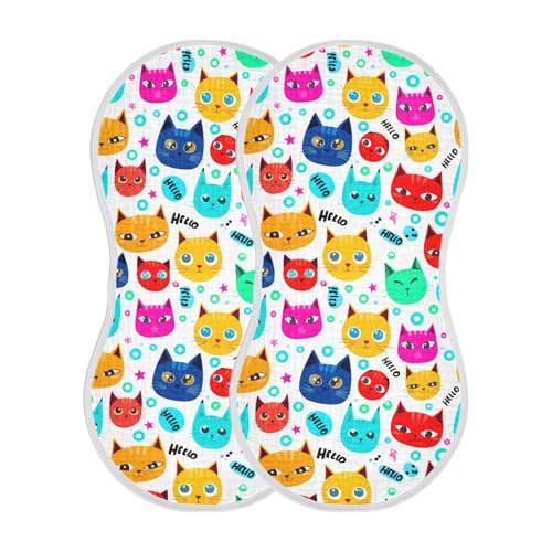 Colorful Cartoon Cat Muslin Baby Burp Cloths - Super Absorbent and Soft Burping Rags - Cotton Burp Clothes Set for Boys and Girls, 2 Pack