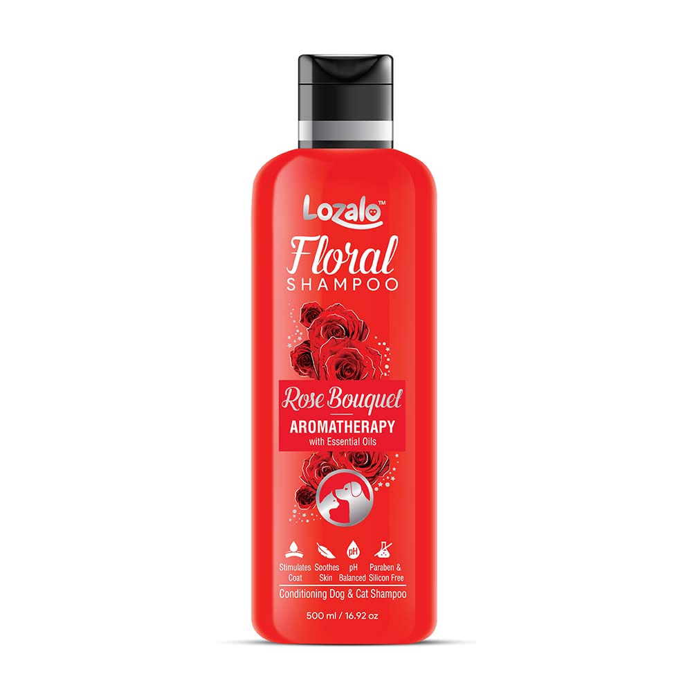 Lozalo Floral Aromatherapy Pet Conditioning Shampoo - 500ml, Rose Fragrance, Coat Cleansing, Odour Control Shampoo for Dogs & Cats, with Aloe Vera Extract and Cinnamon Oil to Promote Healthy Skin