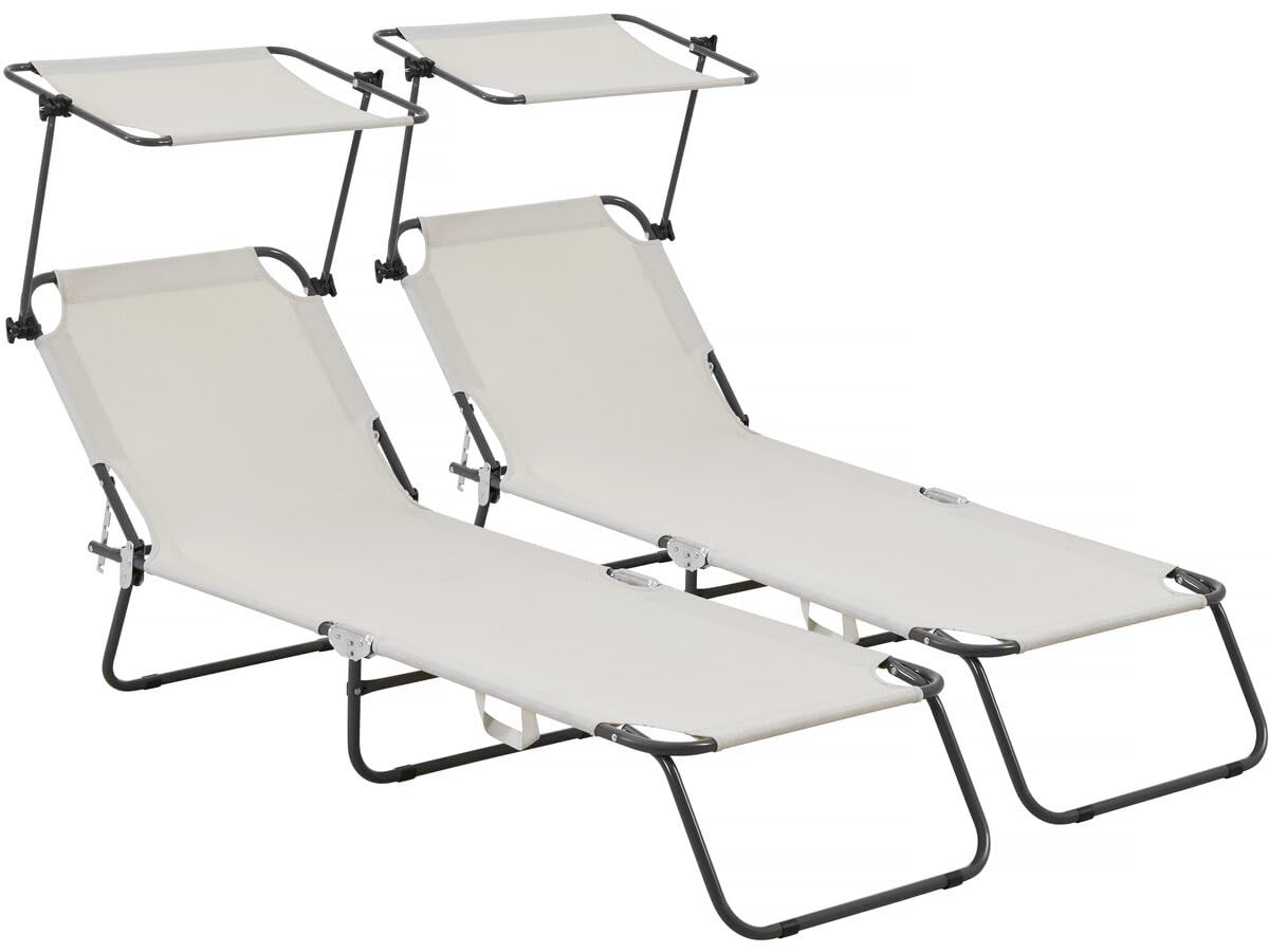 Conjunto de 2 tumbonas plegables Lazy - Con sombrilla - Beige