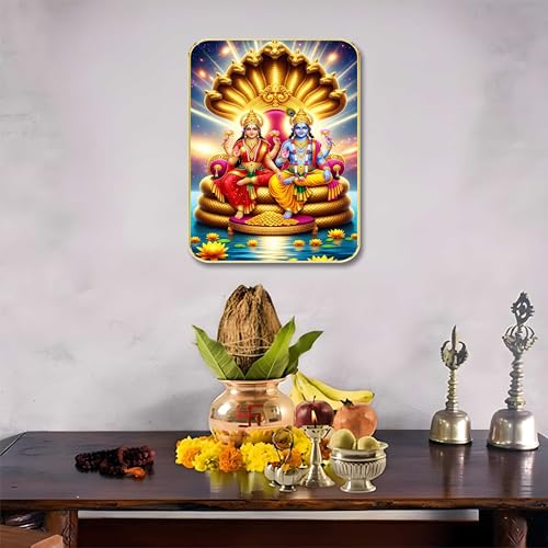 Image of SAF Lord Vishnu Lakshmi Wall Art with Table Top Stand & Wall Hanging Hole | Premium MDF Sheshnag Religious Painting for Mandir Home Office Diwali Decor