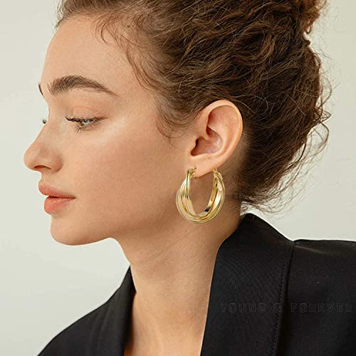 Image of Young & Forever Rakhi Friendship Day Gifts Special Chunky Gold Hoop Earrings for Women - 18k Gold Plated Twisted Hypoallergenic Lightweight Delicate Jewelry