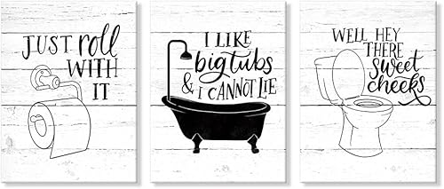 Miniatura 3 de Divertido lienzo para baño, arte de pared en blanco y negro, juego de póster de 3 piezas con citas de baño, pintura retro de madera, arte para baño,