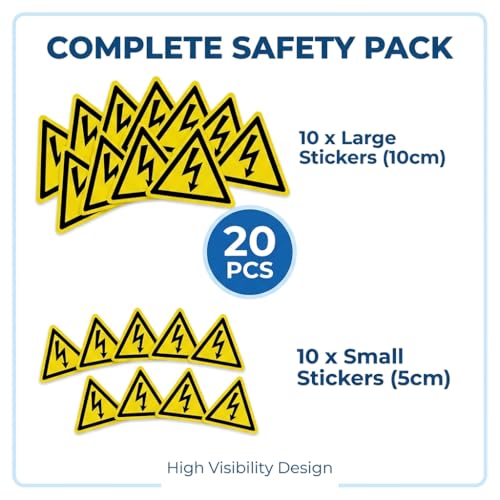 20 Stück Warnung vor elektrischer Spannung Aufkleber 5cm & 10cm, W012 Warnschilder Stromschlaggefahr nach DIN EN ISO 7010, Selbstklebend & Wetterfest für Sicherungskasten & Maschinen, Gelb Schwarz