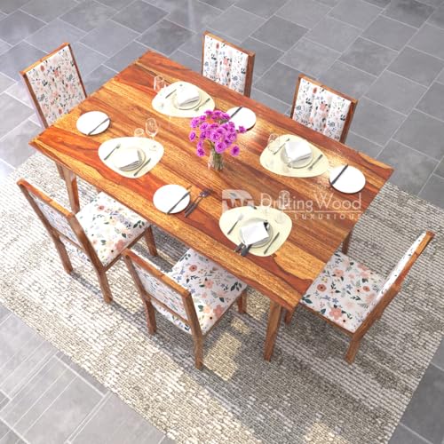 Image of DRIFTINGWOOD Atlantis Sheesham Wood Dining Table 6 Seater | Wooden Six Seater Dinning Table with Floral Cushion Chairs | Dinner Table 6 Seater | Dining Room Sets | Self Assembly, Honey Finish