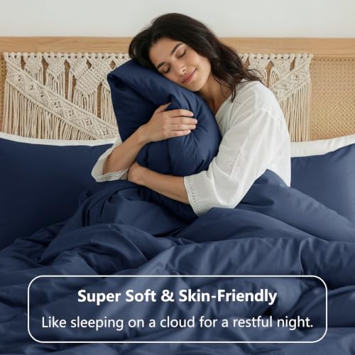 Image of HIMEET Full Size Comforter Sets, 3 Pieces with 2 Pillowcases, Navy Blue | 270GSM Down Alternative Fill, Oeko-TEX Certified, 8 Corner Ties Quilted, All Season, Fluffy Bed Set, Bedroom Decor Bedding