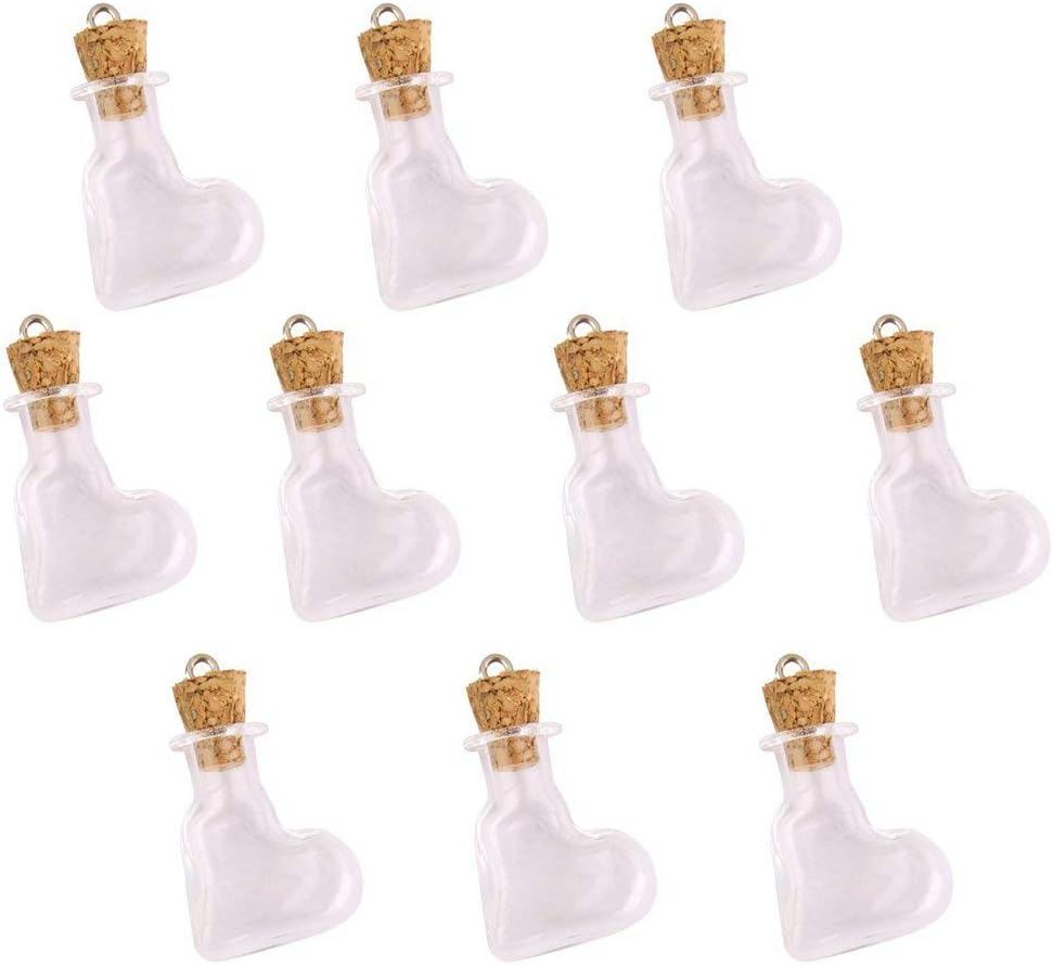 21最新のスタイル ミニガラスボトル かわいい瓶 10個 コルク付き ウィッシュボトル ハート ガラス小瓶ペンダント