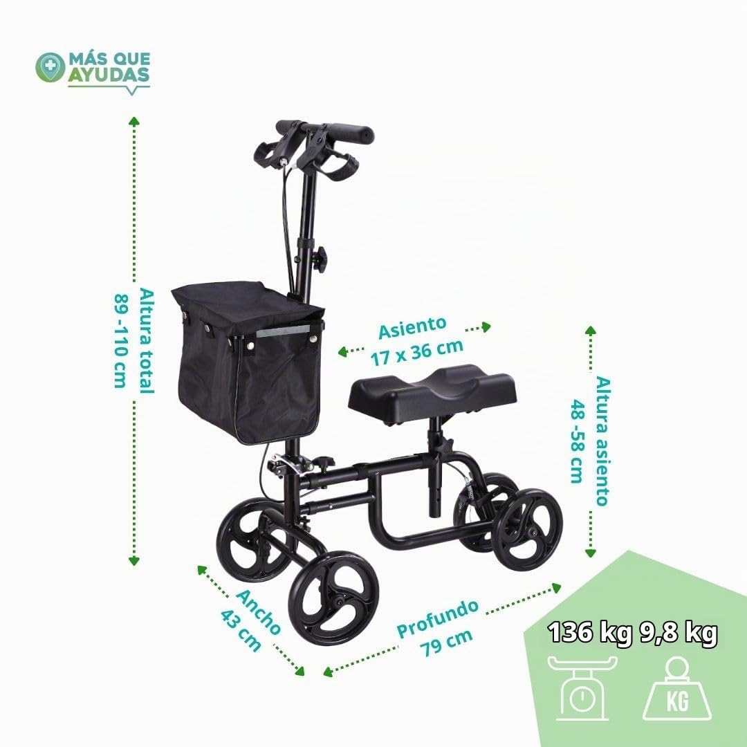 Patinete de Rodilla Plegable, Incluye Cesta Extraíble, Ruedas Direccionales y Frenos Dobles, Recuperación de Lesiones en Tobillo y Pie, Peso Máximo 136 Kg