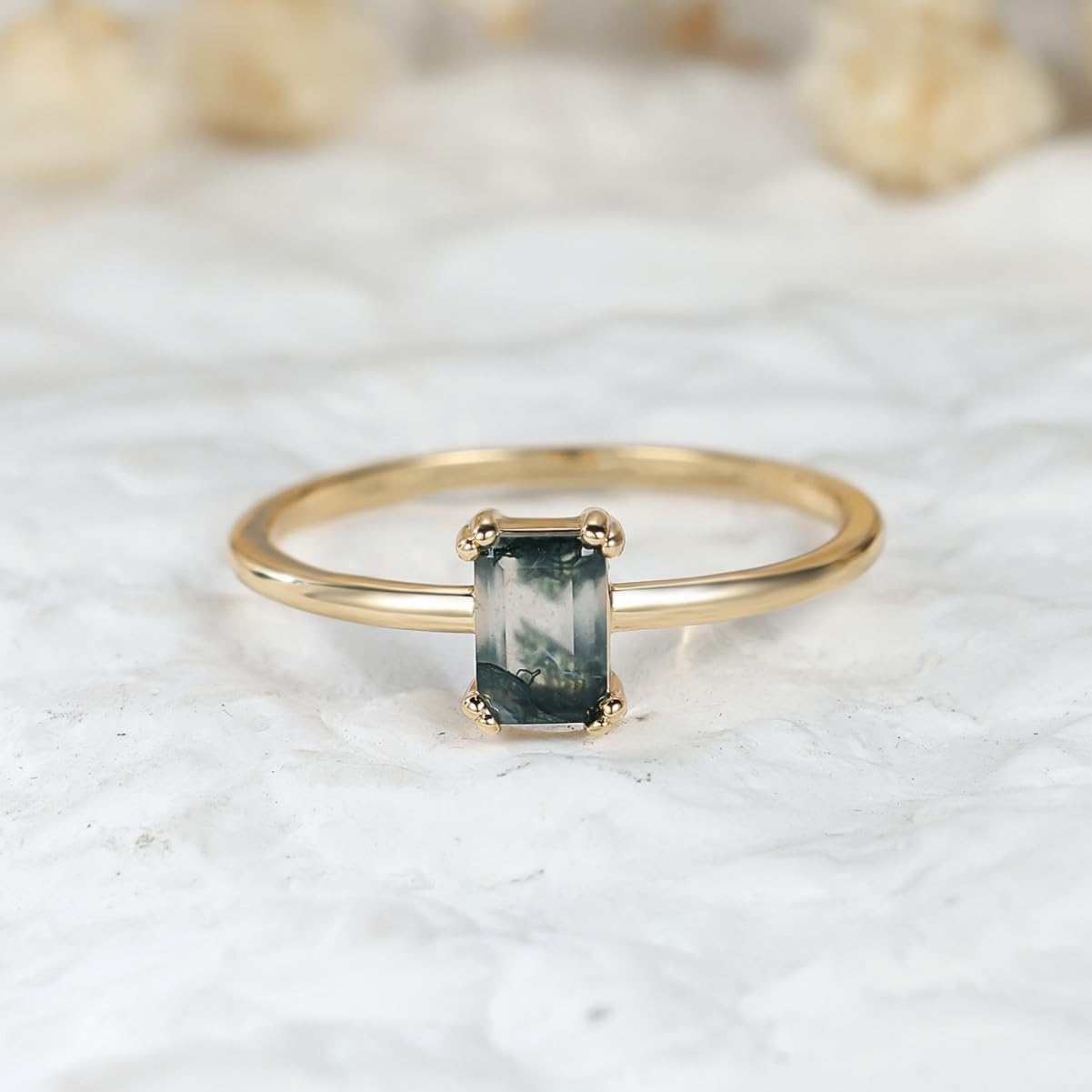 Moss Agate Ring for Women Octagon Cut Moss Agate Engagement Rings Gold Plated Wedding Ring Natural Green Gemstone Ring for Women Art Deco Rings
