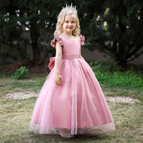 Girl Formal V-Back Satin Flower Girl Dress Girls Dresses for Wedding Flying Sleeve Pearls Tulle Girls Prom Ball Gown Princess Dresses Burgundy4