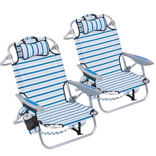 Canpsky 2 Pack Lightweight Portable Camping Beach Chair for Adults, Outdoor Lay Flat Folding Beach Chairs with 5 Positions, Backpack Beach Chair with Towel Bar, Zipper Pouch, Cup Holder, White Striped
