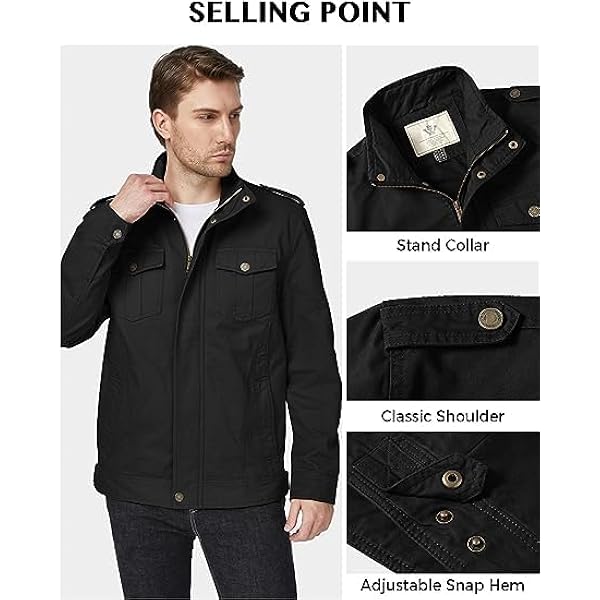 WenVen Militaire herenjas, klassiek, vrachtjack, opstaande kraag, overgangsjas, lichte outdoorjas, mantel, cargo steel, bovenkleding, Zwart-x, L