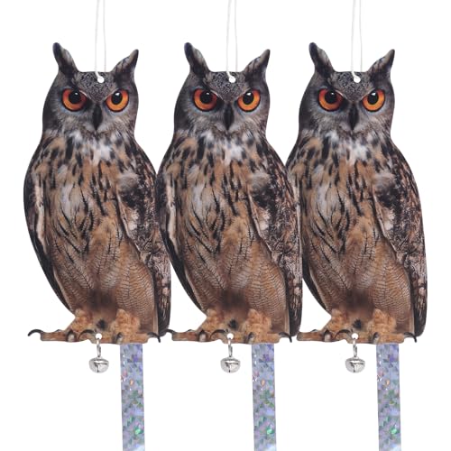 3PCS Pigeon Deterrent Fake Owl Bird Scarers for Gardens Bird Scarer Repellent Plastic Owl Decoy to Scare Birds Away Flat Hanging Owls to Keep Birds Away from Roofs Patio Windows Porch Trees