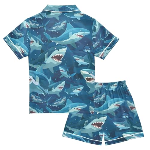ALAZA Shark Ocean Blue Pajamas Satin Pajama Set Short Sleeve Button Down Sleepwear2