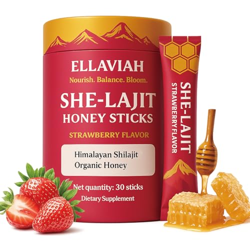 ELLAVIAH She-Lajit for Women Strawberry Flavor Shilajit Blend with Shatavari & Saffron Organic Honey Formula 30 Single-Serve Packs
