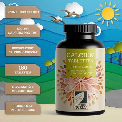Calcium Tabletten 180x - optimal hochdosiert mit 800 mg Calcium pro Tag - Erhalt normaler Knochen & Zähne - laborgeprüft mit Zertifikat - hochwertiges Calciumcarbonat - Vorrat für 90 Tage - 100% vegan
