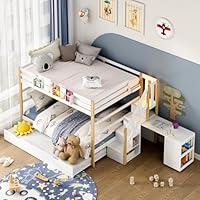 Kikihouse Full Over Full Bunk Bed with Trundle and Storage Stairs, Solid Wood Bunk Bed with Foldable Desk, No Box Spring Needed, for Kids, Teens & Adults (White+Wood)