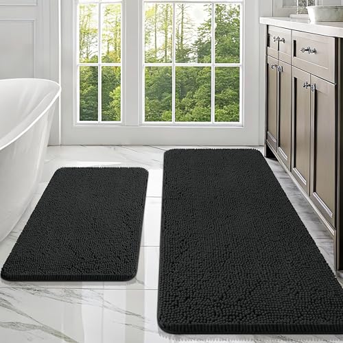 Image of OLANLY Bathroom Rugs Sets 2 Piece, Soft Absorbent Chenille Bath Mats Area Rug Set, Non-Slip, Quick Dry, Machine Washable Bath Mats for Bathroom, Home Decor Accessories (47 inchx20 inch+30 inchx20 inch, Black)
