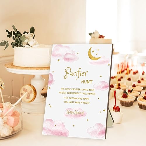 Image of Baby Shower Games Pacifier Hunt Game Games for Baby Shower or Gender Reveal Baby Pacifier Hunt Sign Wooden 50 Pink Acrylic Pacifiers for Party Games Star Moon Design