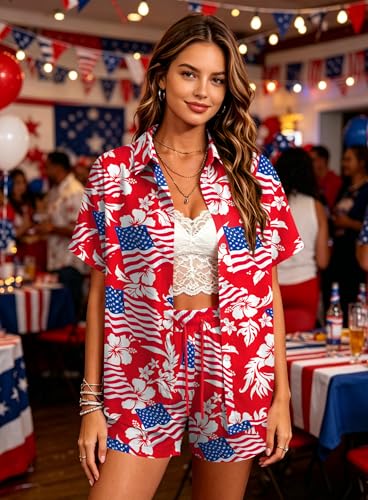 Image of Women 4th of July Outfit 2 Piece Set Short Sleeve Button Down Shirt and Shorts American Flag USA 250th Anniversary