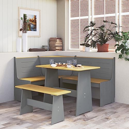 Juego de comedor esquinero de pino macizo de 3 piezas con mesa, banco de esquina de madera duradera para cocina y comedor, respaldo cómodo, montaje flexible a la izquierda