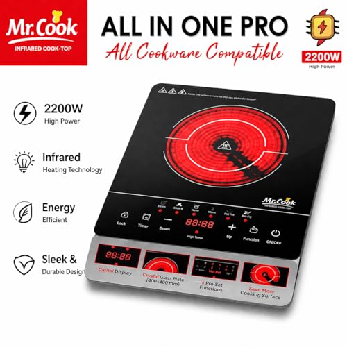 Image of Induction Infrared (Works with all utensils) Cooktop 2200W | Pro Electric Cooking Stove with Touch Control, Crystal Glass Plate, LED Display, 6 Preset Functions, Overheat Protection