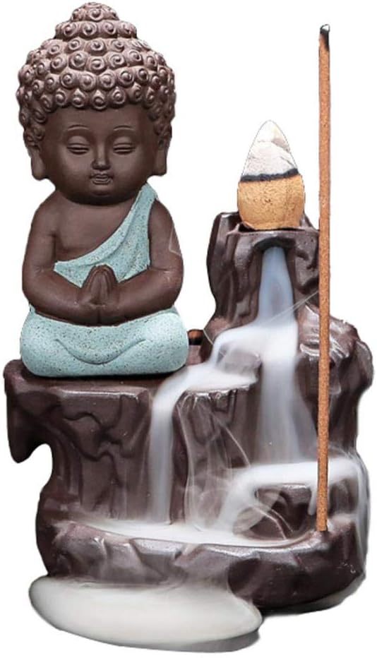 Home Decoration Backflow Incense Burner Sitting Buddha Incense Holder Meditating Monk Figurine with 10 Cones (Monk C)