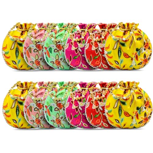 Image of Women Potli Bags | Zari Embroidered Silk With Drawstring | Traditional Return Gifts for Mehandi, Haldi, Baby Shower, Wedding, Sangeet, Seemantham
