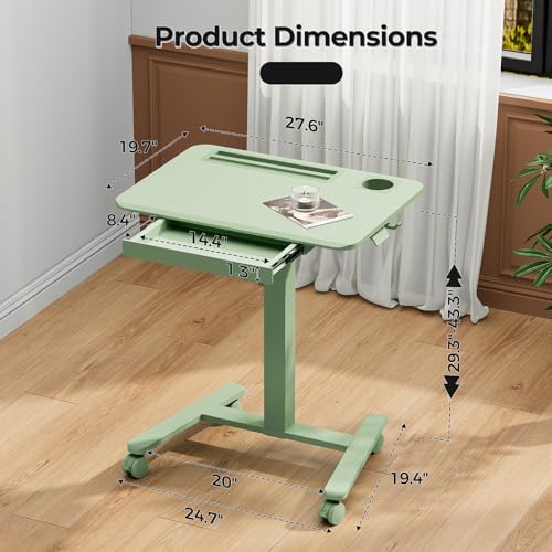 Image of Mobile Standing Desk with Drawer, 28 inch Rolling Desk with Cup Holder and Hooks, Portable Laptop Workstation on Wheels, Height Adjustable Cart with Storage for Home Office, Sage Green