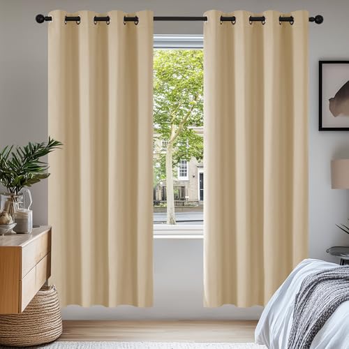 Deconovo Room Darkening Curtains Eyelet, Super Soft Thermal Insulated Noise Redudcing Bedroom Curtains for Kitchen, 52 x 84 Inch, Biscotti Beige, 2 Panels