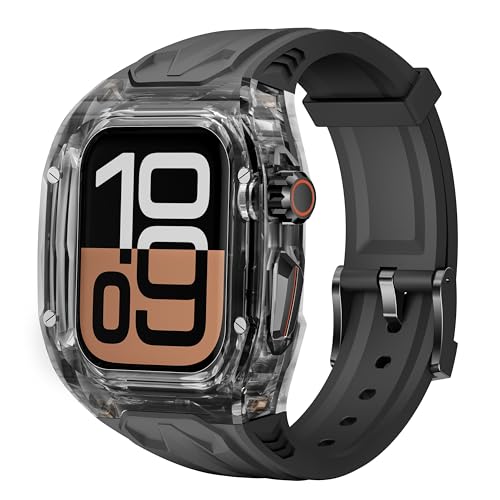 Transparent Rugged Case with Band Compatible with Apple Watch Series 10 46mm Bands, Luxury Crystal Clear Military Protective Cover Bumper Tactical for iWatch Series 10 46mm Strap,Black Black