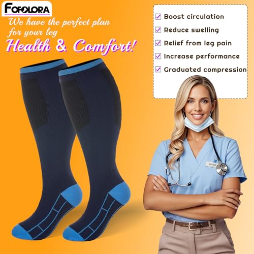 Image of Plus Size Compression Socks for Women & Men 4 Pairs, Wide Calf Extra Large 20-30 mmHg Knee High Support Socks for Travel, Running, Nurse