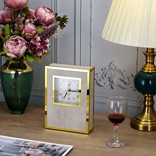 Keznguu Gold Table Clock,Shagreen Leather Mantel Clock For Fireplace,Large Shelf Clock Modern,Non-Ticking Decorative Desk Clock Battery Operated For Mantle Decor,Living Room,Bedroom,Office-Ivory #TOP4