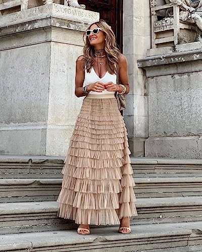 Jemmsia Tule rok voor dames, midi-A-lijn, meerlagige geplooide maxi swingrok, elegante elastische hoge taille, lange tutu, vloeiende rokken voor schoolbal, thuiskomst, verjaardagsfeestje, Grijs, One