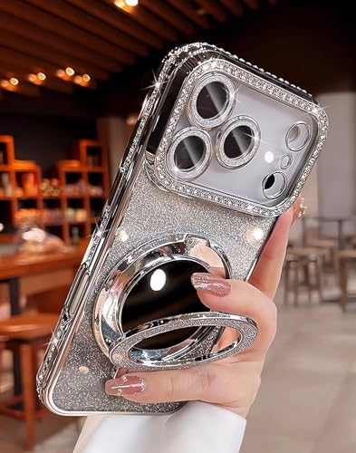 Compatible with iPhone 17 Pro Max Case with Stand for Women, (2 in 1 Clear or Glitter Case), Cute Bling Sparkly Glitter Ring Holder Kickstand, Camera Protector, [Compatible with Magsafe], Silver