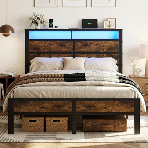 Image of Full Size Metal Bed Frame with Storage Headboard, LED Lights