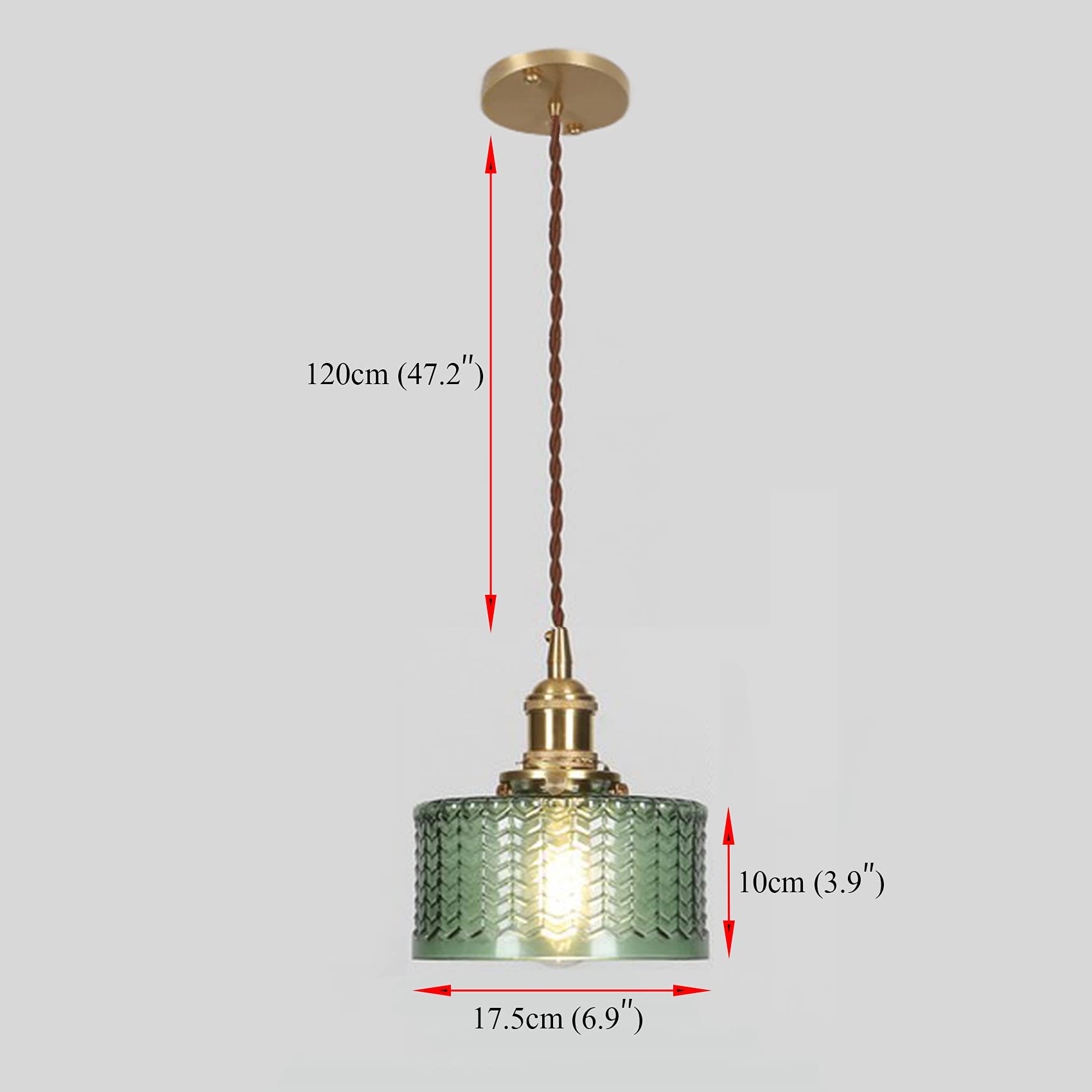 EKSED Lámpara colgante de latón con pantalla de vidrio de rayas verticales, interruptor giratorio y cable trenzado dorado - Accesorio de lámpara colgante de techo (Costilla verde)