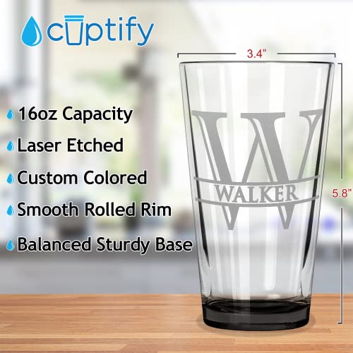 Personalized Beer Glass Split Script Initial and Name Engraved Black 16oz Pint Glass for Men & Women, Custom Drinking Gift for Birthdays, Weddings, Father’s Day & More