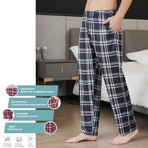 3 Pack Mens Pajama Pants Silk Satin Pj Plaid Loungewear with Pockets Sleep Bottoms Sleepwear Available In Big & Tall4