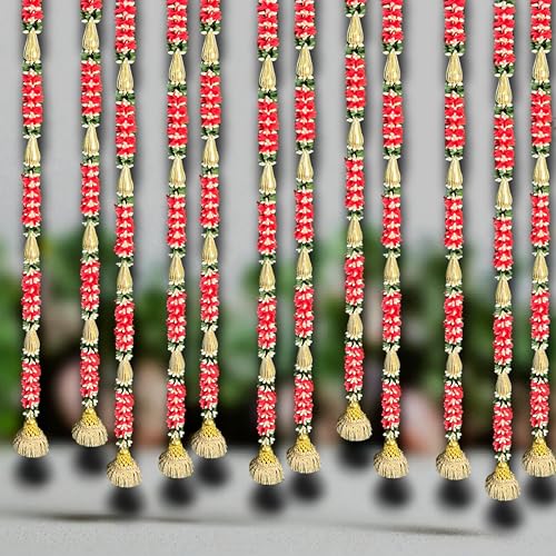 Image of Rajasthan Kraft Artificial Gajra Hanging Decoration Red & Green Mogra with Jali Chudi, Modak, Chakri & Golden Bell Pack of 4 | 44 Inch Festival & Wedding Home Dcor(GJ-17-4)